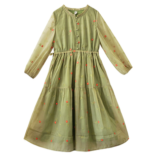 5折【南风旅行】春季仿天丝绣花连衣裙女新款长袖高腰显瘦长裙子