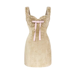 GirlyFancyClub小奶豹蝴蝶结系列*毛毛拼接双面麂皮绒背心连衣裙