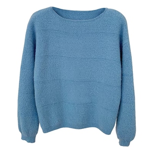 花花家韩系2025秋冬新款慵懒风圆领长袖针织衫女蓝色短款温柔毛衣