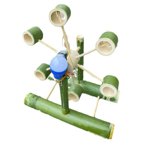 有水流动力发电的竹水车发电机儿童戏小水车教研手工水利发电模型