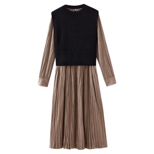 水云间羊毛针织衫背心麂皮绒连衣裙两件套女无袖上衣收腰裙套装秋