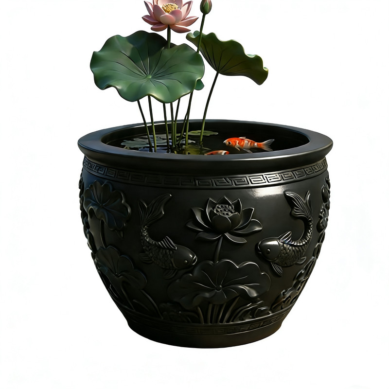 景德镇黑陶古法泥缸荷花鱼缸