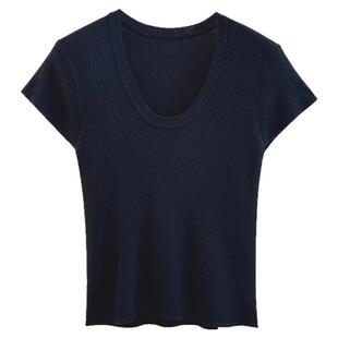 YH2.Chennnnn 莱赛尔天丝大U低领短袖T恤女显瘦修身薄款针织上衣