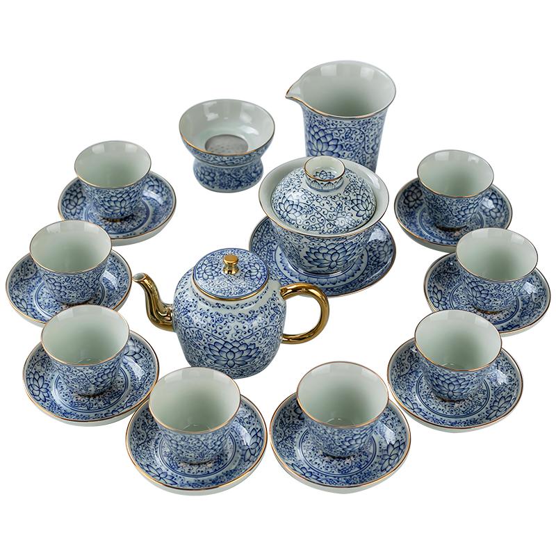 青花盛宴功夫茶具手工描金茶壶高档陶瓷茶具套装中式礼盒送礼佳品