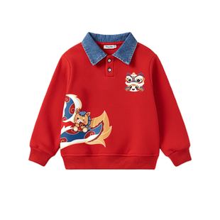 儿童加绒翻领卫衣男童女童冬季拜年服2026新款马年宝宝喜庆套头衫