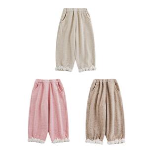 幼悠女童脚口拼接毛球针织长裤2025冬季柔软滑糯加绒加厚休闲裤子