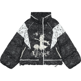 妖精的口袋蕾丝拼接满印短款羽绒服女2025冬新款保暖厚外套面包服