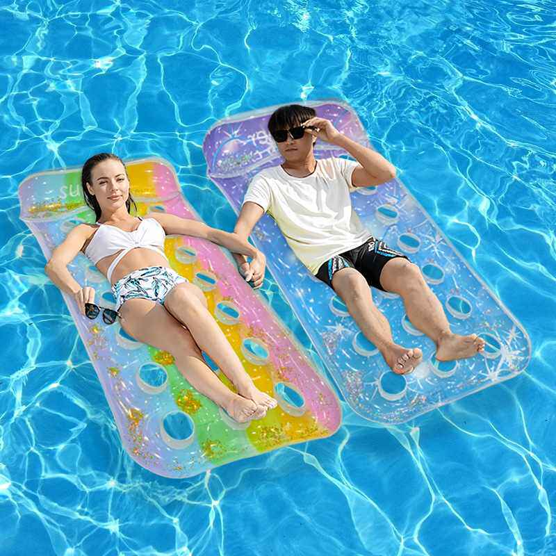 跨境户外水上泳池漂浮带渐变靠枕充气亮片浮排躺椅充气单人圆孔