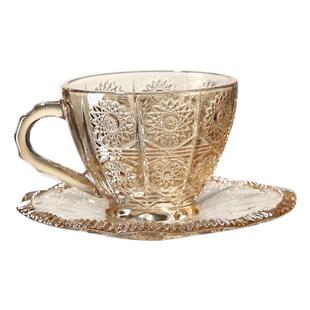 复古浮雕咖啡杯碟套装ins网红玻璃杯带把杯子刻花拿铁杯下午茶杯