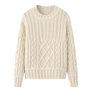 阿绒源100羊绒手编绞花女套衫圆领菱形格短款宽松针织休闲毛衣厚