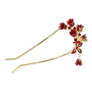 新中式喜庆铃兰u型发簪新年红色水钻发钗古风订婚新娘敬酒服头饰