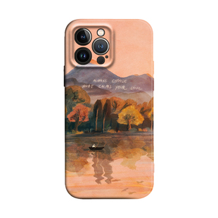 秋景山湖孤舟钓鱼治愈英文遵从内心适用iPhone17Promax防摔16pro软壳15/14plus苹果13mini手机壳12/11