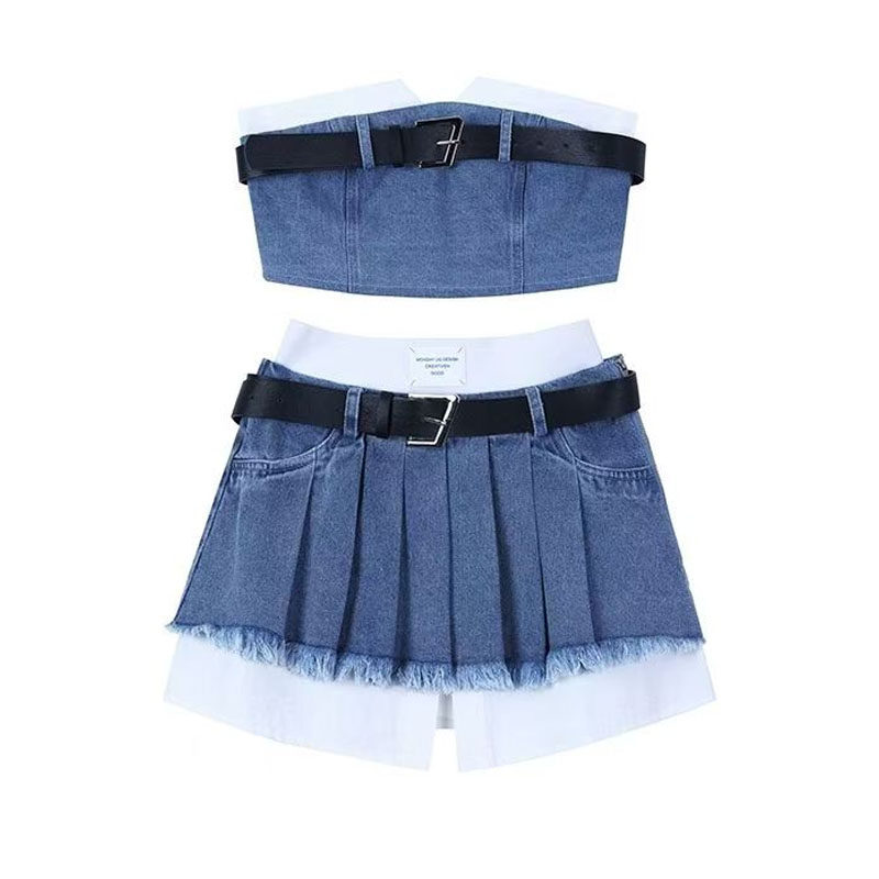 设计感甜辣短款牛仔套装女甜酷夏季纯欲风抹胸高腰百褶裙三件套潮