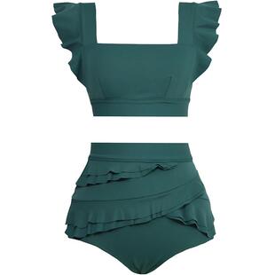 visual mood复古法式墨绿荷叶边高腰遮肚显瘦分体度假比基尼泳衣