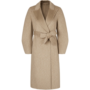 曼德诗驼色羊毛雪花呢大衣女2024冬季新品别致袖笼系腰带简约外套