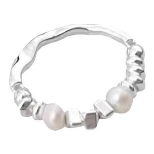 S925纯银碎银子拼接戒指轻奢熔岩ins风淡水珍珠弹力绳食指指环潮