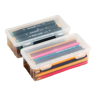 蜡笔收纳盒画画笔盒子透明塑料长方形翻盖收纳盒开学文具用品小号