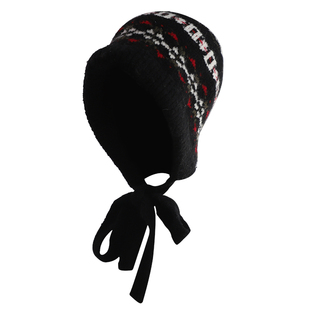 费尔岛提花堆堆帽复古针织套头帽子系绳围脖护耳大头围女可当挎包