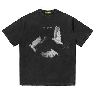 摇滚计划潮牌短袖和平鸽印花纯棉水洗落肩高街T恤男宽松情侣夏季