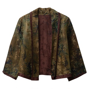 特惠 双面穿国风提花短款无扣开衫女真丝上衣外穿桑蚕丝外套早春
