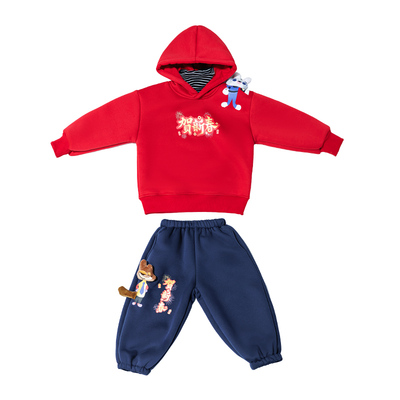 男童拜年服套装加绒2025冬季新款兔子警官儿童帅宝宝红色卫衣衣服