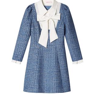 SALT.P可颜2024春甜美折纸蝴蝶结假两件珠片粗花呢连衣裙