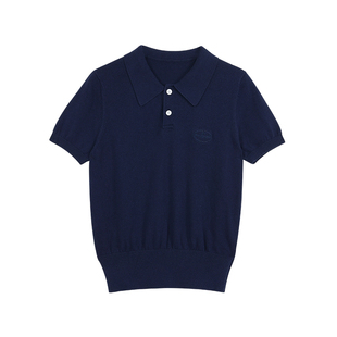 pusumede 复古polo领短袖针织衫女全棉刺绣翻领休闲正肩t恤上衣