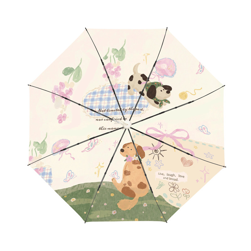 油画风小狗自动加厚彩胶伞防晒防紫外线少女心晴雨两用便携遮阳伞