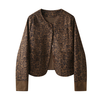 美拉德麂皮绒豹纹小香风外套女2025春秋冬短款上衣夹棉夹克棒球服