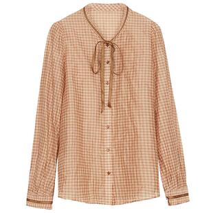 谜底格子衬衫长袖女春新款复古风圆领宽松格纹衬衣241MC0161