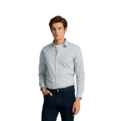沙驰男士长袖衬衫亚麻条纹衬衣