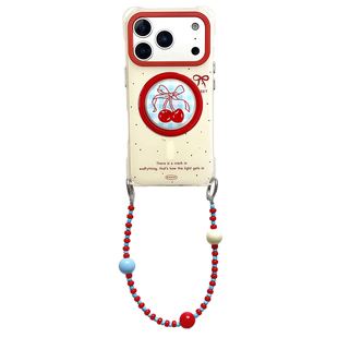 格纹樱桃磁吸气囊支架手机壳背带斜挎苹果17pro手提斜挎可背iphone16promax简约风防摔硬壳华为mate80promax