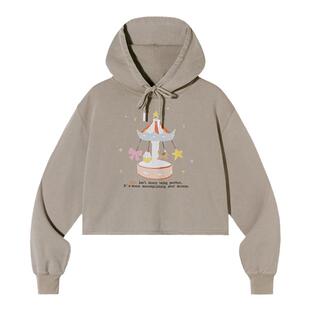PSO Brand女装毛圈底旋转木马水洗连帽卫衣短款秋宽松带帽套头