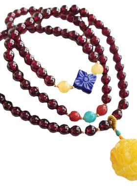 原创设计正品酒红石榴石三圈手链女搭配天然蜜蜡吊坠水晶多圈手串