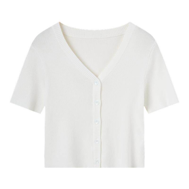 SMEN诗萌夏季V领显瘦短袖开衫女