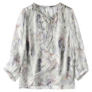 木耳边系带领桑蚕真丝七分袖衬衫法式重工6A级双层双绉上衣气质女