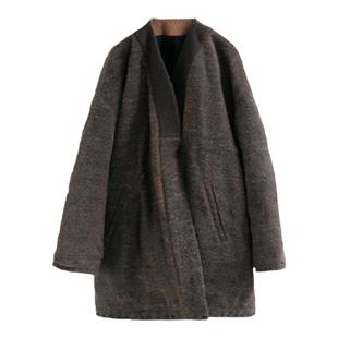 复古檀棕色老料柞蚕丝香云纱棉衣 2022年中式方领设计感棉服外套