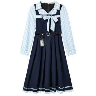 织物猪 夜海校规 学院风格纹假两件连衣裙女春甜美拼接百褶短裙子