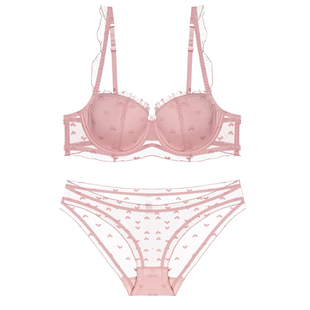 DPLAYSWEET甜美粉色爱心网纱性感女士内衣大胸显小聚拢文胸套装