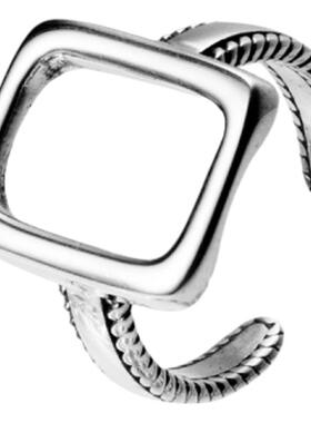 925银几何长方形戒指女栅栏镂空可调节指环时尚百搭气质个性饰品