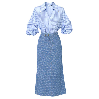 2025夏季新款时尚百搭V领格子衬衣+高腰显瘦菱格提花牛仔半裙套装