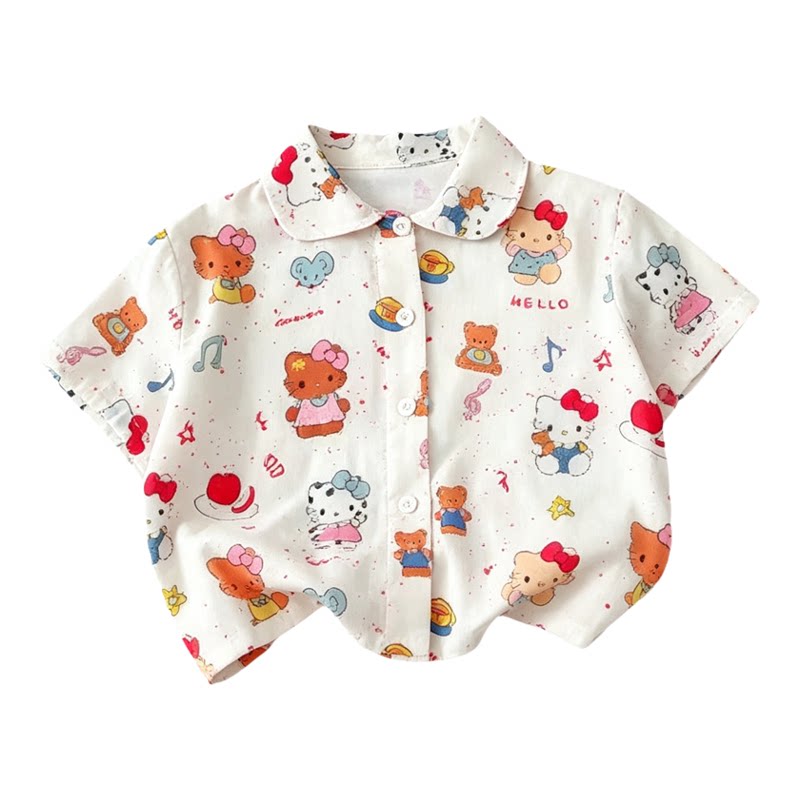 卡通米奇米菲HelloKitty睡衣夏季纯棉翻领开衫男女童家居服两件套