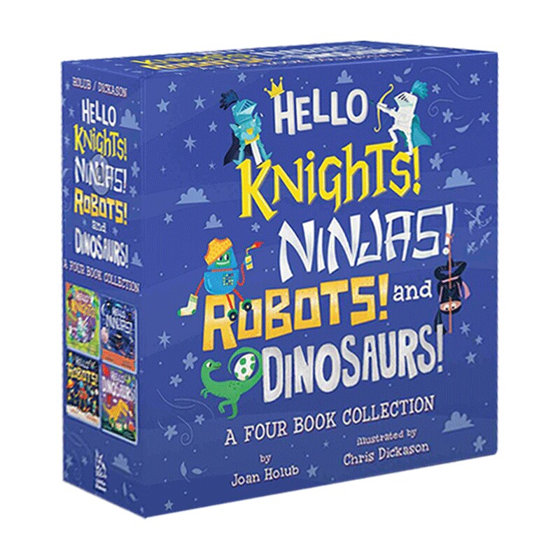 你好系列4册盒装 英文原版 Hello Knights Ninjas Robots and Dinosaurs 机器人和恐龙 STEM百科科普启蒙 英文版进口纸板翻翻书