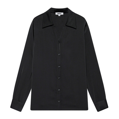 DKNY唐可娜儿2025新款时尚百搭优雅简约黑色V领缎面衬衫上衣女