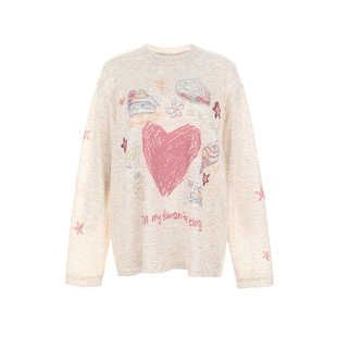 wana try手绘可爱图案长袖T恤春夏新品杏粉色休闲韩系上衣女