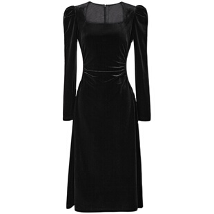 春季内搭黑色泡泡袖法式方领丝绒连衣裙女装气质收腰显瘦a字长裙