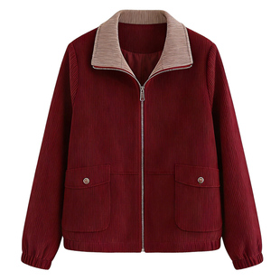 洋气女装灯芯绒短外套春装新款小个子大码夹克衫妈妈复古条绒上衣