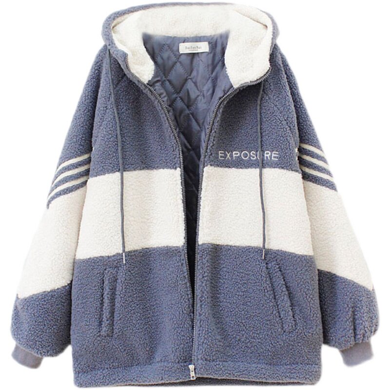 冬季夹棉加厚棉服外套女韩版宽松2024年新款羊羔毛加绒连帽棉衣潮