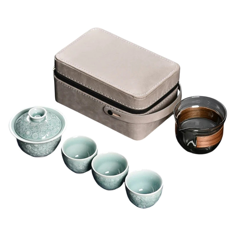 户外旅行茶具套装龙泉青瓷功夫茶盖碗快客杯一壶三杯便携收纳包