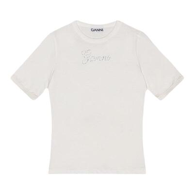 GANNI女装 白鹭色辣妹风休闲logo款修身圆领T恤内搭打底 T4010135